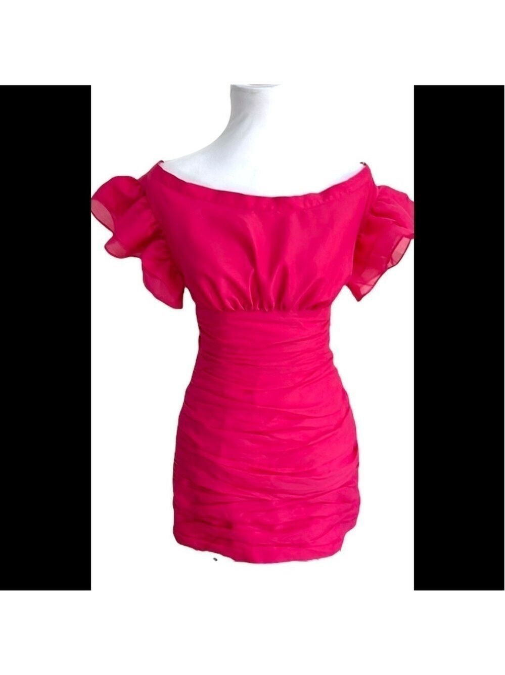 NWOT C/MEO COLLECTIVE Ruched Dark Pink Ruffle Sleeve Mini Dress SZ S